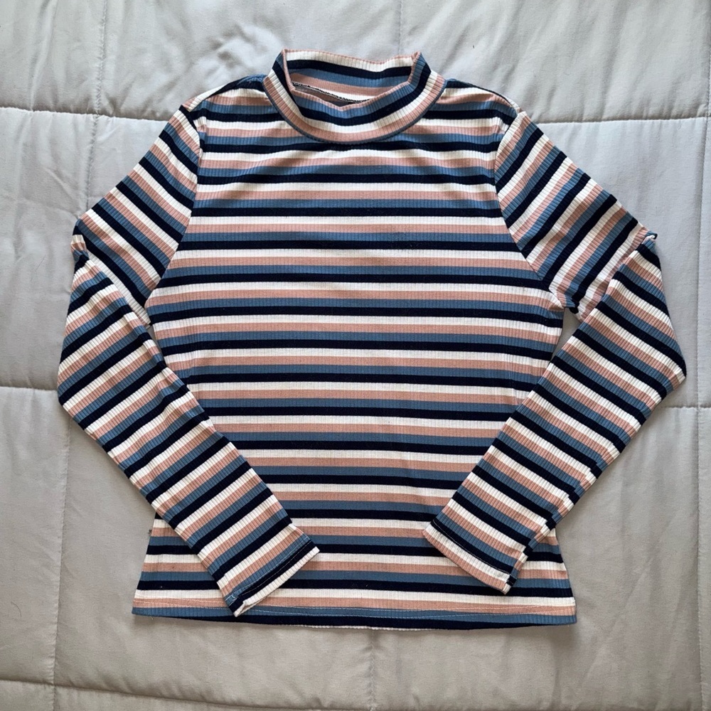 SHEIN Multicolor Striped Ribbed Mock Neck Long Sleeve Top Size XL